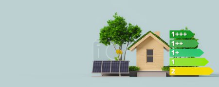 Foto de Asignar una calificación de eficiencia energética para reducir las emisiones de carbono mediante el ahorro de energía en casa. renderizado 3d - Imagen libre de derechos