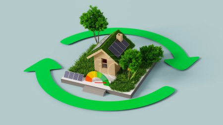 Foto de Asignar una calificación de eficiencia energética para reducir las emisiones de carbono mediante el ahorro de energía en casa. renderizado 3d - Imagen libre de derechos