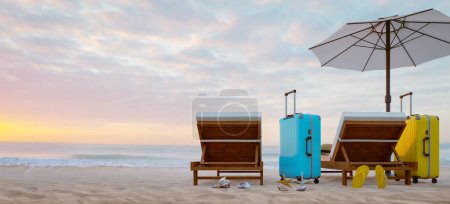 Téléchargez les photos : Chaises de plage et valises avec le coucher de soleil en arrière-plan. Rendu 3d - en image libre de droit