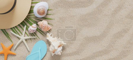 Foto de Fondo con conchas marinas y varios accesorios de verano en la arena limpia de la playa. renderizado 3d - Imagen libre de derechos