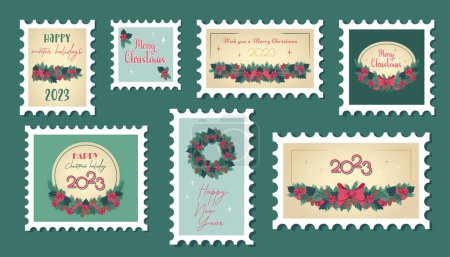 Illustration for Set of vintage Christmas postage stamps. Variety of winter holiday postmarks. Beautiful paper mail stickers with Christmas wreath. Greeting golden text. Vector flat illustration - Royalty Free Image