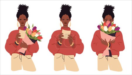 Téléchargez les illustrations : Set of young beautiful black women. African girl in fashionable clothes received flower delivery, reads romantic message. Love, birthday, romantic concept, Valentine's Day, Women's day. Vector - en licence libre de droit