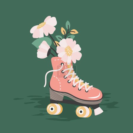 Ilustración de Trendy Women's day greeting card. Pink Roller skates with colorful bouquet of wildflowers inside. Hand drawn templates for March 8, birthday, Mother's day. Vector flat cartoon illustration - Imagen libre de derechos