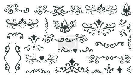 Illustration for Set of black vintage calligraphic elements isolated. Collection of decorative shapes, frames, curls, heart, border. Vector illustration for photos, invitations, cards, announcements, business card - Royalty Free Image