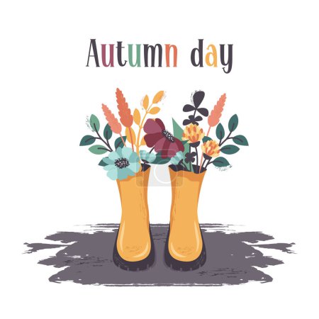 Illustration for Autumn Flowers in rubber wellies. Hand drawn doodle floral elements in yellow shoes. Fall bouquets, leaves, nature season. Vector flat illustration for invitation, greeting card, social media post - Royalty Free Image