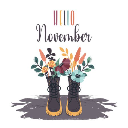 Illustration for Fall flowers in seasonal boots. Hand drawn doodle floral elements in black shoes. Autumn bouquets, leaves, lettering. Vector flat illustration for invitation, greeting card, social media post - Royalty Free Image