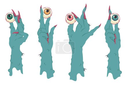 Illustration for Spooky Hands of monster, zombie. Witch's hands holding color eyes. Set of creepy cartoon fingers isolated. Vector flat illustration for decoration Halloween party, holiday, card - Royalty Free Image
