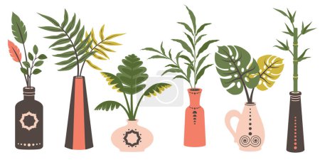 Set of ceramic vases with exotic leaves. Modern clay crockery and pottery with tropic composition. Trendy design for home interior. Hand drawn doodle earthenware different shapes, sizes, color. Vector