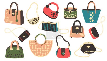 Set eleganter Damenhandtaschen. Mode stilvolle Damenhandtasche verschiedene Formen, Farben, Modelle. Strandtasche, Luxus-Handtasche mit Kette und Riemen, Kupplung. Modernes Zubehör. Vektorillustration