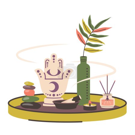 Meditation practice. Composition of yoga symbol. Meditating elements for  mindfulness, harmony, calmness, relax. Hand statue, leaf, diffuser; aromatic sticks, tray, stones, candles, bowl. Vector