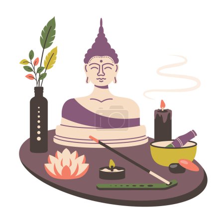 Yoga symbol. Meditation practice. Lotus flower, leaf, aromatic sticks, stones, candles. Various elements for calmness, relax.Vector flat illustration for Healthy lifestyle and spiritual practice.