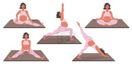 Pregnant yoga. Group of pregnant women meditating, relaxing  in lotus pose, doing exercises in asana. Physical training for future mothers. Healthy lifestyle, bodycare, care for future child. Vector 