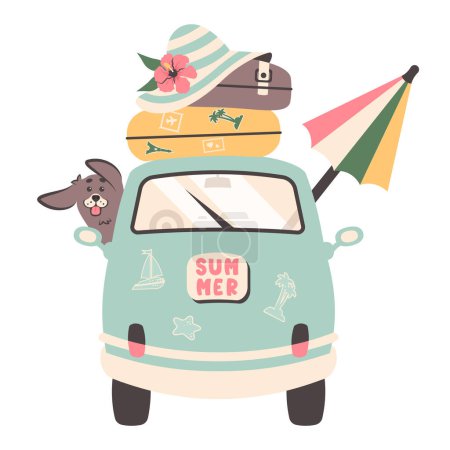 Summer travel. Family road trip by car. Car journey and tourist trip concept. Family traveling with suitcases, dog, beach umbrella, sunhat rides to sea. Family car goes to beach. Vector illustration