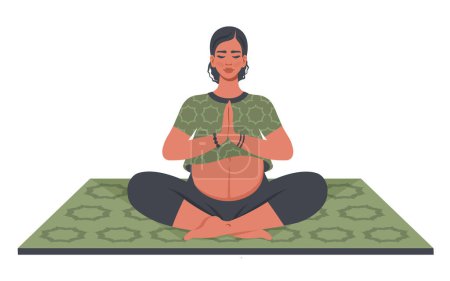 Schwangere Yoga. Schwangere Asiatin macht Yoga auf Matte. Schöne junge Mutter mit Bauch Meditation, entspannend. Gesunder Lebensstil, Körperpflege, Betreuung zukünftiger Kinder. Vektorillustration