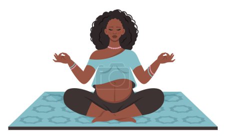 Schwangere praktiziert pränatales Yoga. Schwangere Afrikanerin macht Yoga auf Matte. Mama mit Bauchmeditation, entspannend. Gesunder Lebensstil, Körperpflege, Betreuung zukünftiger Kinder. Vektorillustration