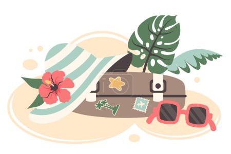 Summer background with suitcase, sunhat, sunglasses. Summer Trip concept. Traveling vacation with tourism items. Travel bag with stickers, palm leaves, sand.  Vector flat illustration for web, journey agency, family vacation