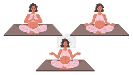 Gruppe schwangere Frauen meditieren und entspannen in Lotus-Pose. Schwangere beim Yoga. Körperliches Training für zukünftige Mütter. Gesunder Lebensstil, spirituelle Praxis, Betreuung zukünftiger Kinder. Vektorillustration