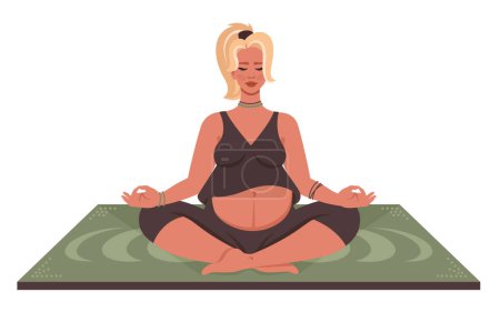 Schwangere Yoga. Junge Schwangere beim Meditieren. Weibliche Figur in Lotus-Pose. Schöne Mädchen in Sportkleidung beim Yoga, Meditation. Gesunder Lebensstil. Vektorillustration