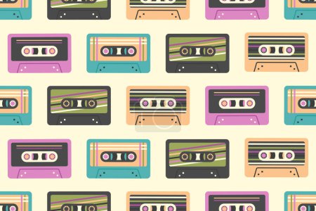Nahtloses Muster der Retro-Kassette. Vintage-Audiokassetten im Stil der 90er, 80er, 70er Jahre. Verschiedene bunte alte Kassetten bis zum Tonbandgerät. Old School Konzept. Musikalischer Hintergrund. Vektorillustration