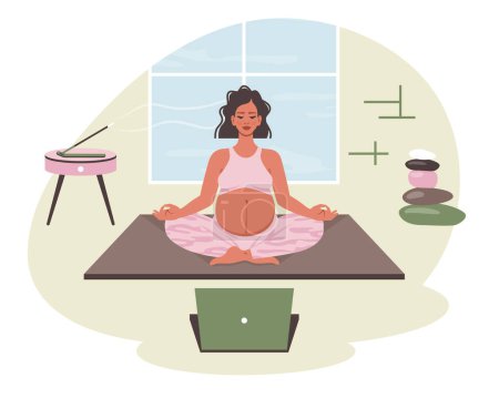 Pregnant woman in lotus pose. yoga at home. Female character does yoga, meditation, stretching, indoor. Mom with belly meditation, relaxing. Bodycare, pregnancy health concept. Vector illustration