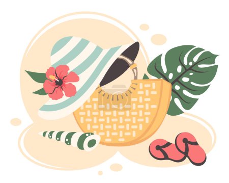 Clipart de relax de verano. Diseño del resort con sombrero de sol, bolso de playa, hojas de palma de verano, zapatos de playa. Artículos de verano para tomar el sol, caminar, vacaciones de fin de semana, relajarse. Ilustración vectorial para la hora de verano