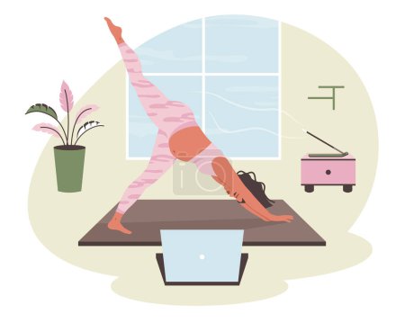 Pregnant woman doing yoga workout at home. Mom with belly practicing yoga exercises, pilates online on laptop. Pregnancy health, Lifestyle, bodycare concept. Home interior. Vector illustration