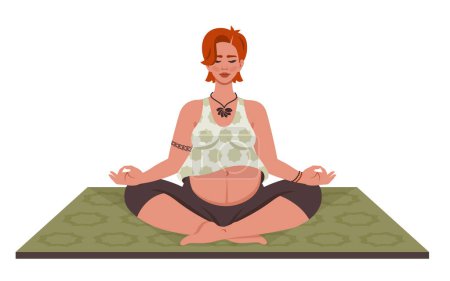 Schwangere Yoga. Junge Schwangere in Lotus-Pose. Weiblicher Charakter beim Meditieren. Mutter mit Bauch macht Yoga, meditiert. Gesunder Lebensstil. Gesunder Lebensstil. Vektor