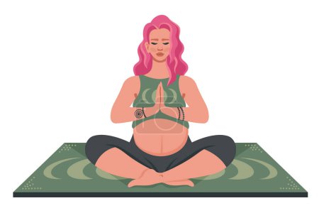 Schöne Schwangere macht Yoga auf Matte. Schwangere Yoga. Schöne junge Mutter mit Bauch Meditation, entspannend. Körperliches Training für zukünftige Mütter. Gesunder Lebensstil, Körperpflege. Vektorillustration