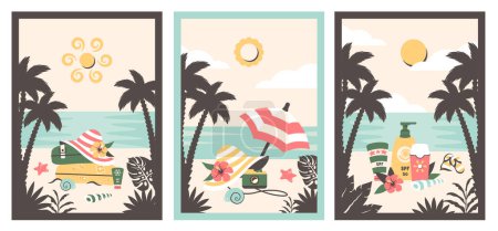 Playa de verano. Conjunto de carteles retro con paisajes de verano. Playa tropical, sombrilla, sombrilla, cámara, maletas, botellas de protector solar. Dibujos animados vectoriales ilustración plana