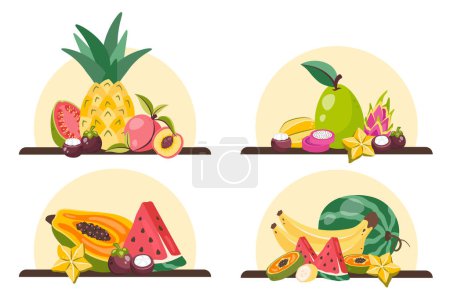 Set of Tropical fruits. Fresh Exotic fruit. Healthy food. Dragon fruit, papaya, guava, banana, pineapple, watermelon, carambola. Natural snack. Vector flat illustration for stickers, posters, kitchen