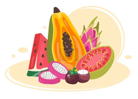 Tropische Früchte. Wassermelone, Drachenfrucht, Papaya, Guave. Saft und frische exotische Früchte in Schalen, die Hälfte, Scheiben. Fruchtcliparts. Gesunde Ernährung. Natürliche Snacks. Vektorillustration