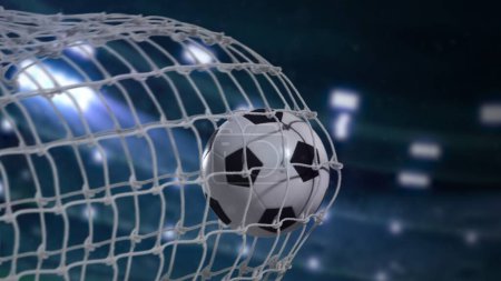 Foto de Balón de fútbol en Goal Net. Modo Noche. 3d. - Imagen libre de derechos