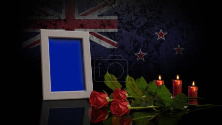 Foto de Tarjeta Memorial Day. Con la bandera de Nueva Zelanda en segundo plano. La foto o el vídeo se pueden colocar en el marco azul. - Imagen libre de derechos