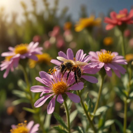 Fleurs colorées fleurissant au printemps et une abeille mellifère cherchant du pollen. 
