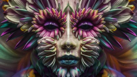 A stunning surrealism photo captures intricate flowers forming a colorful face in a dreamy, cinematic composition.