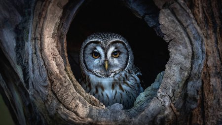An owl hidden inside the hollow of an old tree is looking at the camera.