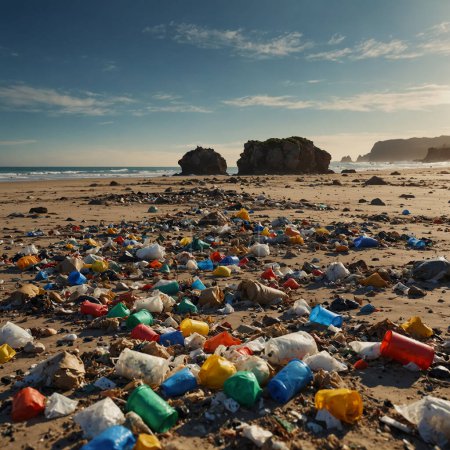 Des ordures et du plastique jonchent la plage. Déchets en danger de vie.