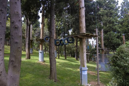 Foto de Parque de parques forestales en el Jardín Nacional de Nakkastepe, zona de entretenimiento para adultos, hecho de ruedas viejas parkour entre árboles - Imagen libre de derechos