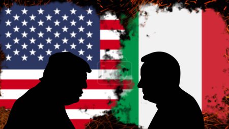 Téléchargez les photos : Conflit entre les États-Unis et l'Italie, discussion de Donald Trump avec Sergio Mattarella, bannière d'information de dernière heure, crise politique entre les États-Unis et l'Italie, tensions et agressions, lutte politique ou guerre - en image libre de droit