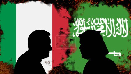 Téléchargez les photos : Conflit entre l'Italie et l'Arabie saoudite, Sergio Mattarella discussion avec Mohammed bin Salman Al Saoud, bannière d'information de dernière heure, crise politique entre l'Italie et l'Arabie saoudite, tensions et agressions, lutte politique ou guerre - en image libre de droit