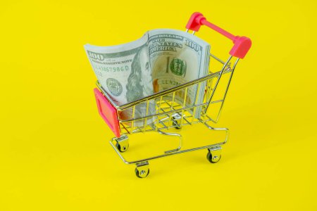 Photo for Supermarket handcart with American dollars isolated on yellow background, pink metal market cart represents trade, miniature object, online sale concept, grocery shopping idea, the economy of USA - Royalty Free Image