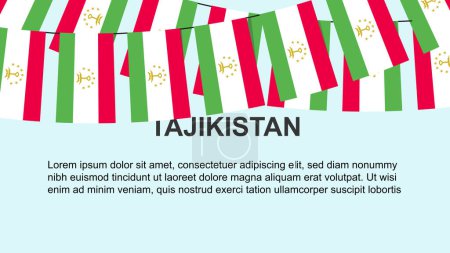 Téléchargez les illustrations : Drapeaux du Tadjikistan accrochés à une corde, concept de célébration et de salutation, nombreux drapeaux du Tadjikistan avec espace texte, idée de bannière et d'affiche, matériel de décoration, fête de l'indépendance - en licence libre de droit