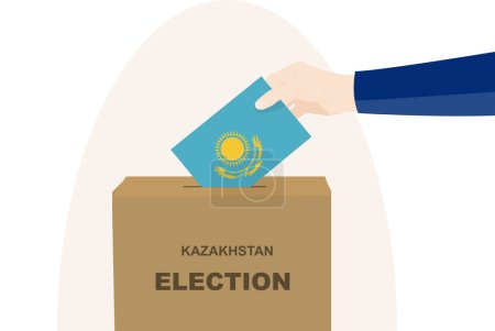 Kasachstan Wahl- und Wahlkonzept, politische Auswahl, Menschenhand und Wahlurne, Demokratie und Menschenrechtsidee, Wahltag, Vektor-Asset mit kasachischer Flagge