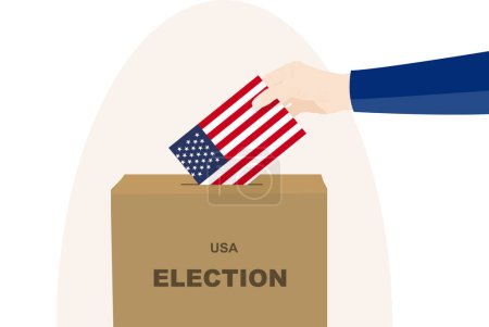 USA election and vote concept, political selection, man hand and ballot box, democracy and human rights idea, election day, vector asset with USA flag