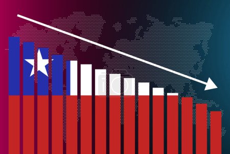 Illustration for Chile bar chart graph, decreasing values, crisis and downgrade concept, Chile flag on bar graph, down arrow on data, news banner idea, fail and decrease, financial statistic - Royalty Free Image