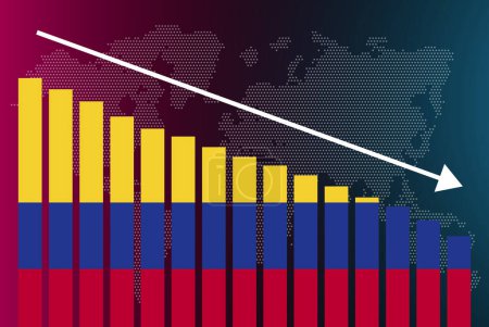 Illustration for Colombia bar chart graph, decreasing values, crisis and downgrade concept, Colombia flag on bar graph, down arrow on data, news banner idea, fail and decrease, financial statistic - Royalty Free Image