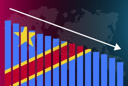 Illustration for Congo Demotratic Republic bar chart graph, decreasing values, crisis and downgrade concept, Congo Demotratic Republic flag on bar graph, down arrow on data, news banner idea, fail and decrease, financial statistic - Royalty Free Image