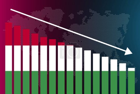 Illustration for Hungary bar chart graph, decreasing values, crisis and downgrade concept, Hungary flag on bar graph, down arrow on data, news banner idea, fail and decrease, financial statistic - Royalty Free Image