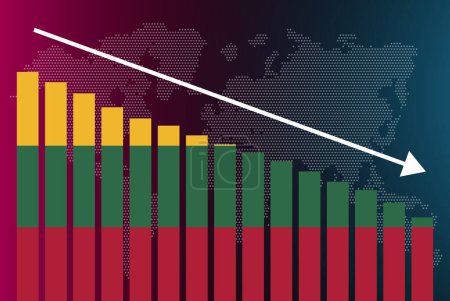 Illustration for Lithuania bar chart graph, decreasing values, crisis and downgrade concept, Lithuania flag on bar graph, down arrow on data, news banner idea, fail and decrease, financial statistic - Royalty Free Image