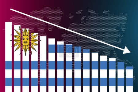 Ilustración de Gráfico gráfico de barras de Uruguay, valores decrecientes, concepto de crisis y degradación, bandera de Uruguay en gráfico de barras, flecha hacia abajo en los datos, idea de banner de noticias, fallo y disminución, estadística financiera - Imagen libre de derechos